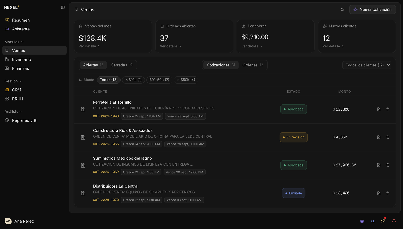 Nexel OS: el módulo de ventas con cotizaciones, órdenes y clientes